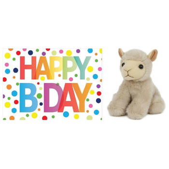 Pluche knuffel lammetje/schaap 13 cm met A5-size Happy Birthday wenskaart - Knuffel boederijdieren