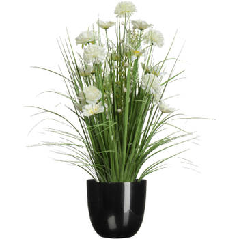 Kunstbloemen boeket wit - in pot zwart - keramiek - H70 cm - Kunstbloemen