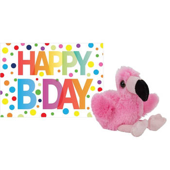 Pluche knuffel flamingo 13 cm met A5-size Happy Birthday wenskaart - Vogel knuffels