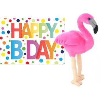 Pluche knuffel flamingo 31 cm met A5-size Happy Birthday wenskaart - Vogel knuffels