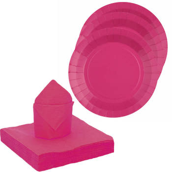 Santex 20x taart/gebak bordjes/25x servetten - fuchsia roze - Feestbordjes