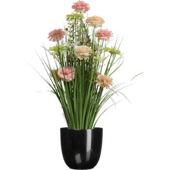 Kunstbloemen boeket roze - in pot zwart - keramiek - H70 cm - Kunstbloemen