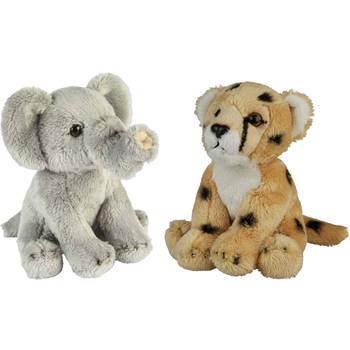 Safari dieren serie pluche knuffels 2x stuks - Olifant en Cheetah van 15 cm - Knuffeldier