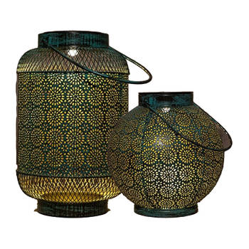 Anna's Collection solar lantaarn set - 2-delig - antiek - turquoise - metaal - Lantaarns