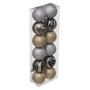 12x stuks kerstballen mix goud/zilver glans/mat/glitter kunststof 4 cm - Kerstbal