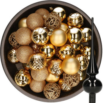 37x stuks kunststof kerstballen 6 cm goud incl. glazen piek glans zwart - Kerstbal