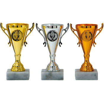 Luxe trofee/prijs beker - brons/goud/zilver - metaal - 13 x 8 cm - Fopartikelen