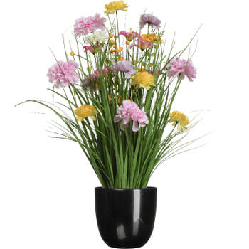 Kunstbloemen boeket lila paars - in pot zwart - keramiek - H70 cm - Kunstbloemen
