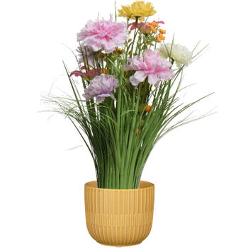 Kunstbloemen boeket lila paars - in pot okergeel - keramiek - H40 cm - Kunstbloemen