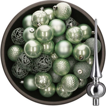 37x stuks kunststof kerstballen 6 cm mintgroen incl. glazen piek glans zilver - Kerstbal