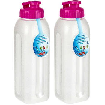 PlasticForte Waterfles/bidon - 2x - 1000 ml - transparant/roze - kunststof - Drinkflessen