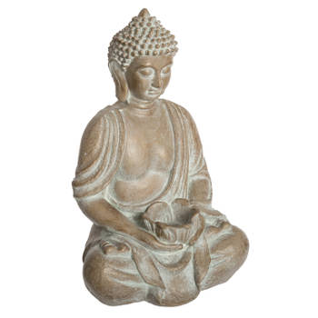Atmosphera Boeddha beeld zittend - binnen/buiten - kunststeen - beige gebleekt - 39 cm - Beeldjes