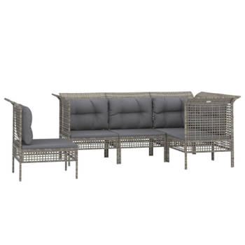 vidaXL 5-delige Loungeset met kussens poly rattan grijs