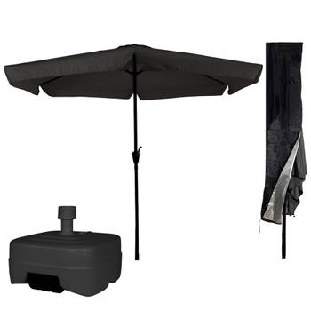 CUHOC Parasol Zwart COMBI - Zwarte Parasol met Parasolhoes en Extra Zware Vulbare Verrijdbare Parasolvoet