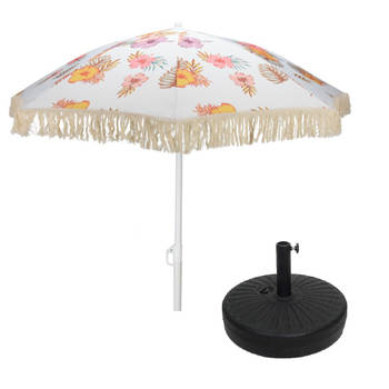 Blokker Volant Parasol met Bloemenmotief 180 cm met Bijbehorende Parasolvoet aanbieding