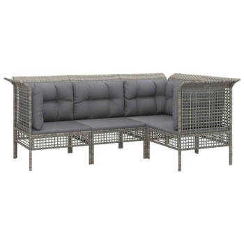 vidaXL 4-delige Loungeset met kussens poly rattan grijs