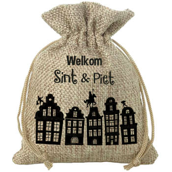 Mini Sinterklaas jute cadeau zak Welkom Sint en Piet print met koord 18 x 25 cm - Uitdeelzakjes