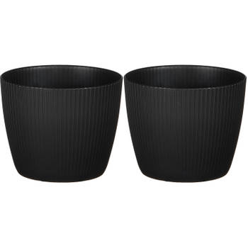 2x stuks plantenpot/bloempot kunststof zwart ribbels patroon - D13,5/H11 cm - Plantenpotten