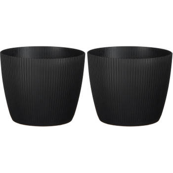 2x stuks plantenpot/bloempot kunststof zwart ribbels patroon - D19/H19 cm - Plantenpotten