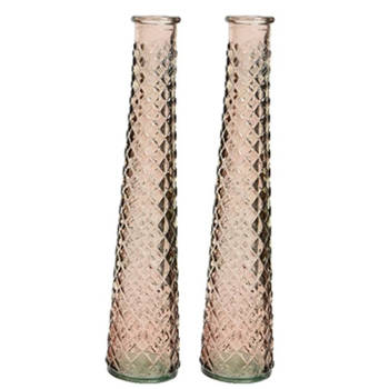 2x stuks bloemenvazen van gerecycled glas - D7 x H32 cm - roze/bruin - Vazen