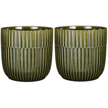 2x Stuks Plantenpot/bloempot keramiek glans donkergroen stripes patroon - D19/H18 cm - Plantenpotten