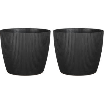 Set van 2x stuks plantenpot/bloempot kunststof zwart ribbels patroon - D26/H26 cm - Plantenpotten