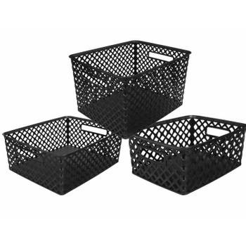 Set van 3x opbergmanden kunststof rechthoek zwart - Opbergmanden