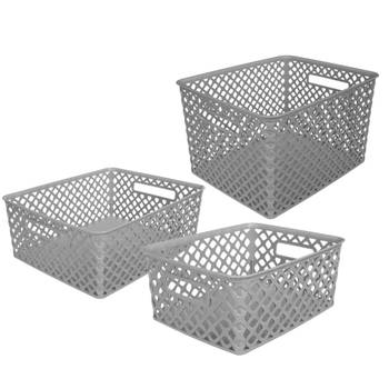 Set van 3x opbergmanden kunststof rechthoek grijs - Opbergmanden