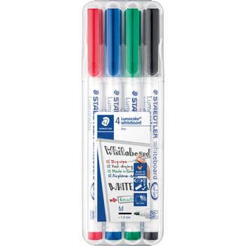 Staedtler whiteboard pen Lumocolor Pen, opstelbare box met 4 stuks in geassorteerde kleuren 10 stuks
