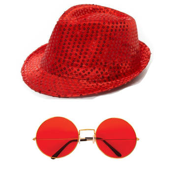 Carnaval verkleed set glitter hoed en ronde party bril rood - Verkleedhoofddeksels