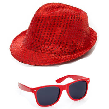 Carnaval verkleed set hoed en bril rood glitters - Verkleedhoofddeksels
