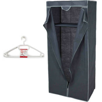 Mobiele opvouwbare kledingkast grijs 75 x 160 cm met 10x kledinghangers wit - Campingkledingkasten