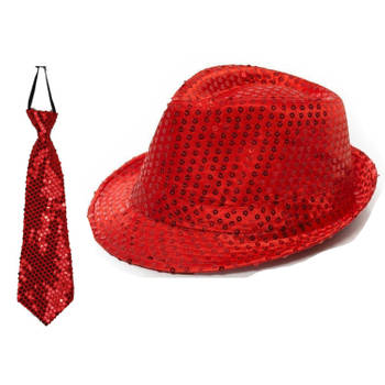 Carnaval verkleed set glitter hoed en stropdas rood - Verkleedhoofddeksels