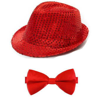 Carnaval verkleed set glitter hoed en strikje rood - Verkleedhoofddeksels