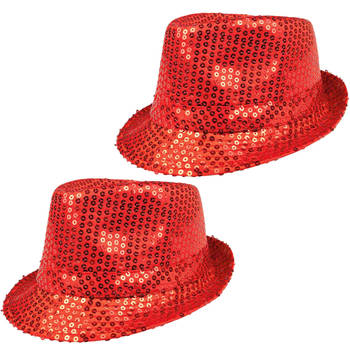 2x Stuks Trilby hoeden met pailletten - rood - glitter - Verkleedhoofddeksels