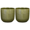 2x Stuks Plantenpot/bloempot keramiek glans donkergroen stripes patroon - D14/H13 cm - Plantenpotten