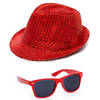 Carnaval verkleed set hoed en bril rood glitters - Verkleedhoofddeksels