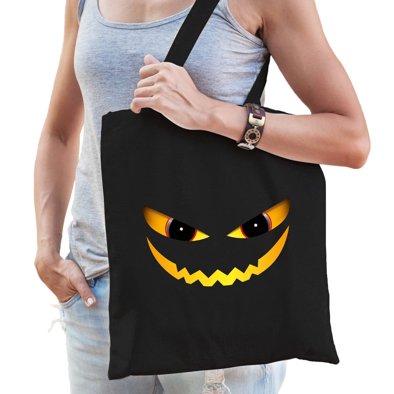 Halloween Duivel gezicht halloween trick or treat katoenen tas- snoep tas zwart Verkleedtassen