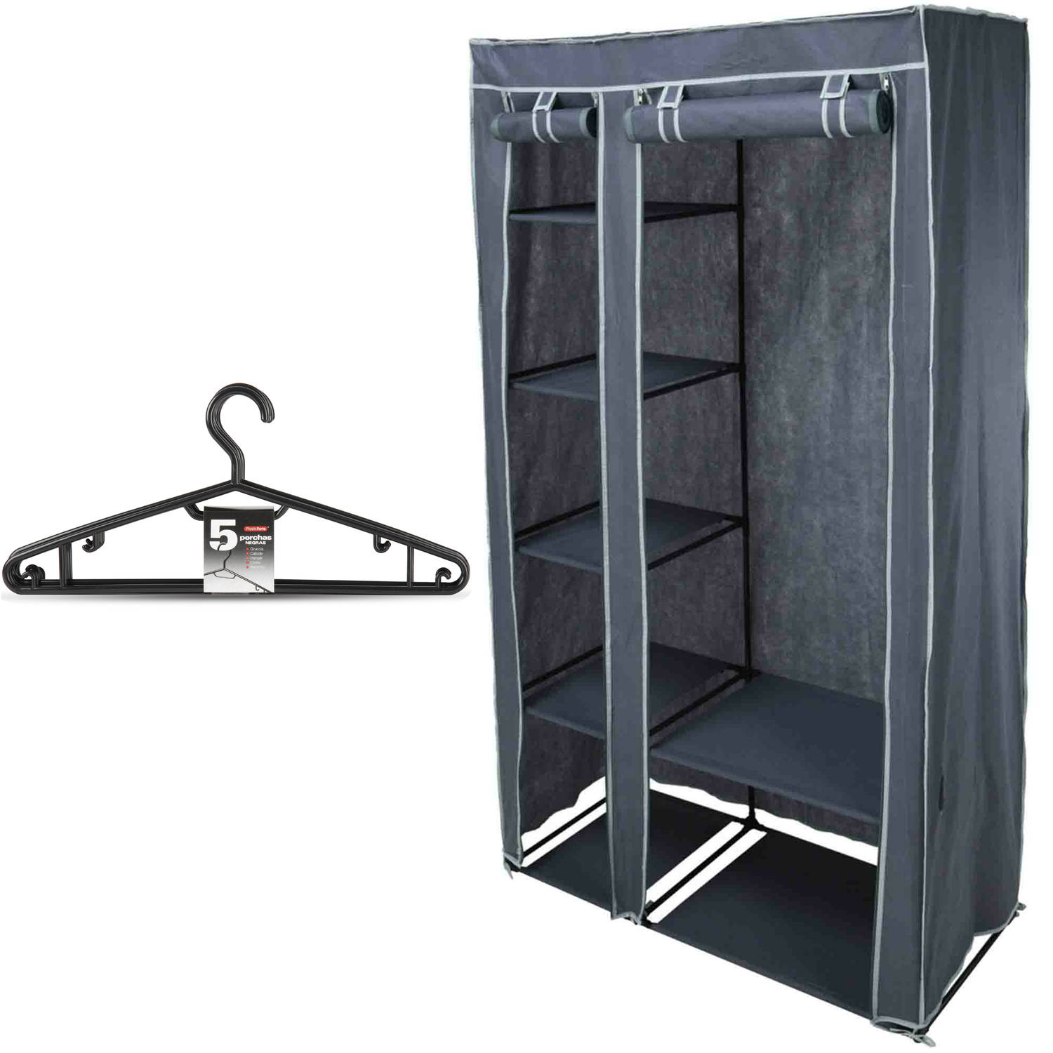 Mobiele kledingkast-garderobekast incl 10x hangers opvouwbaar grijs 174 cm Campingkledingkasten