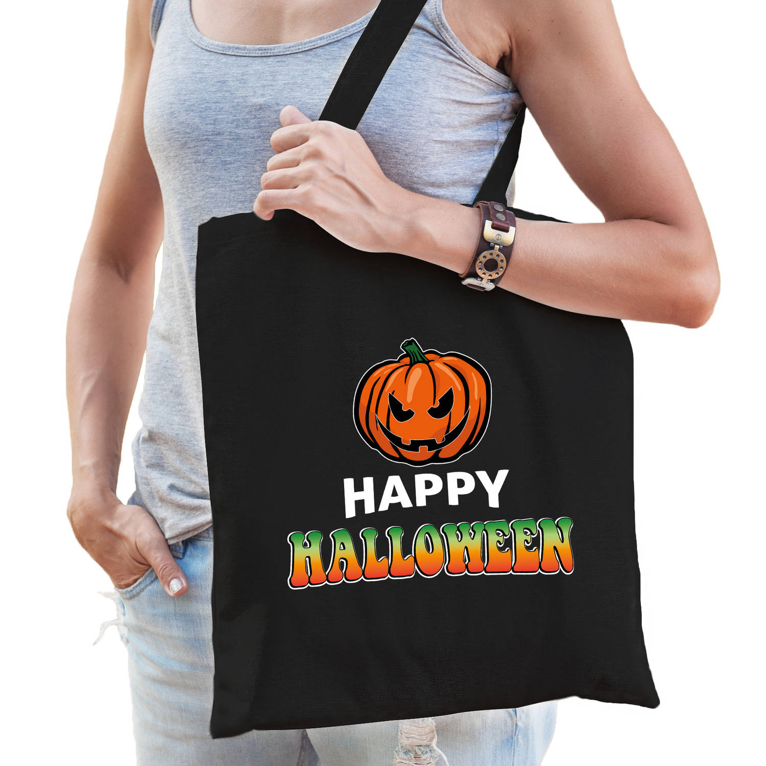 Halloween Pompoen-happy halloween trick or treat katoenen tas- snoep tas zwart Verkleedtassen