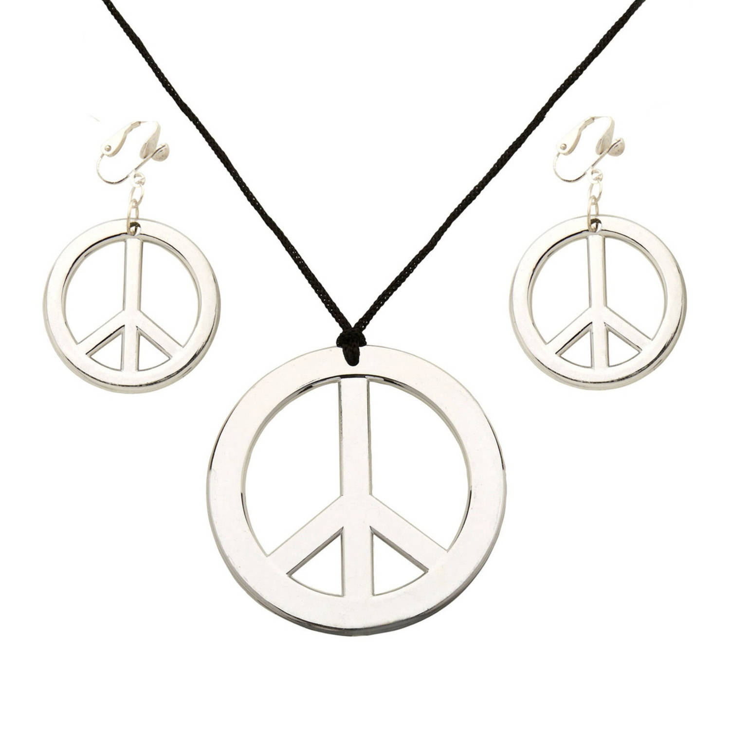 Hippie Flower Power Sixties sieraden set ketting met oorbellen peace tekens Verkleedsieraden