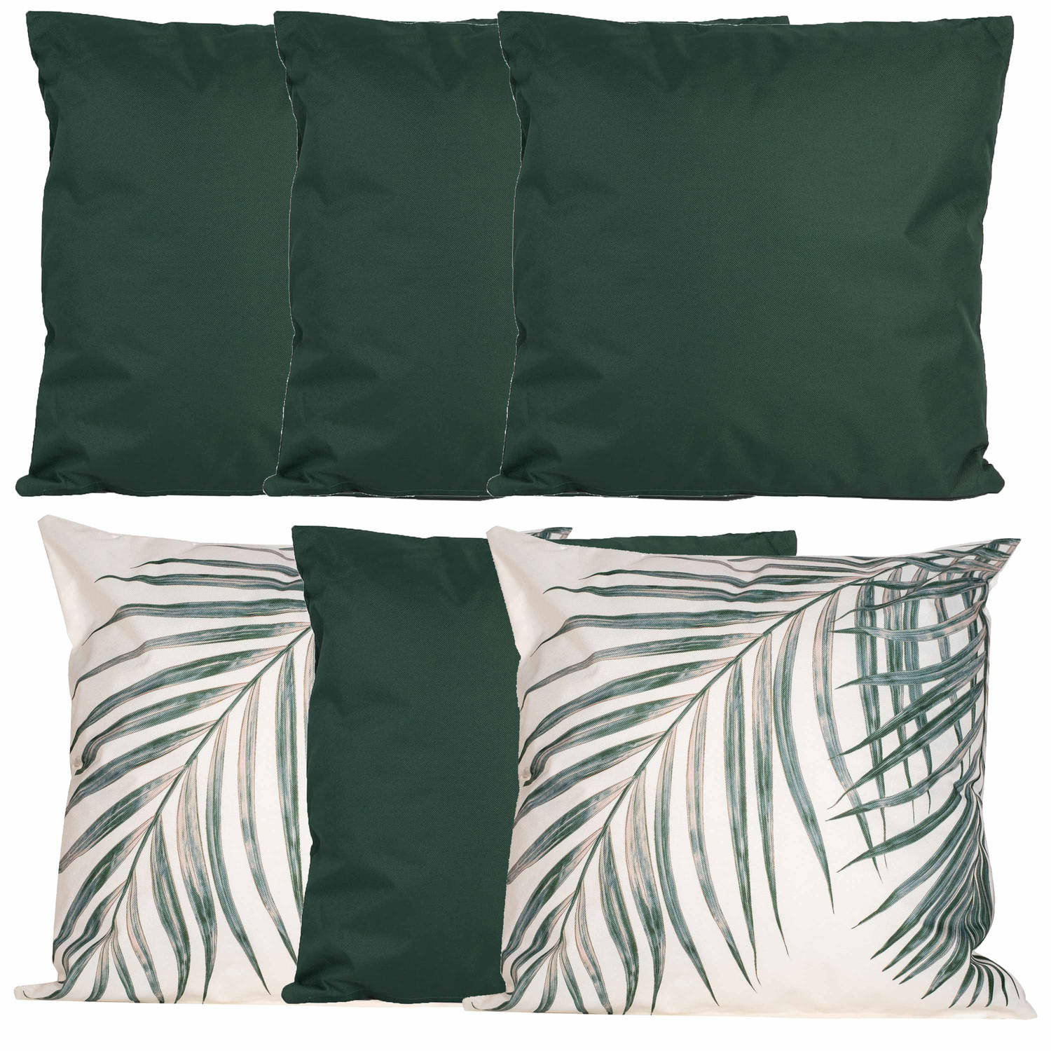 Bank-tuin kussens set voor binnen-buiten 6x stuks groen-palm print 45 x 45 cm Sierkussens