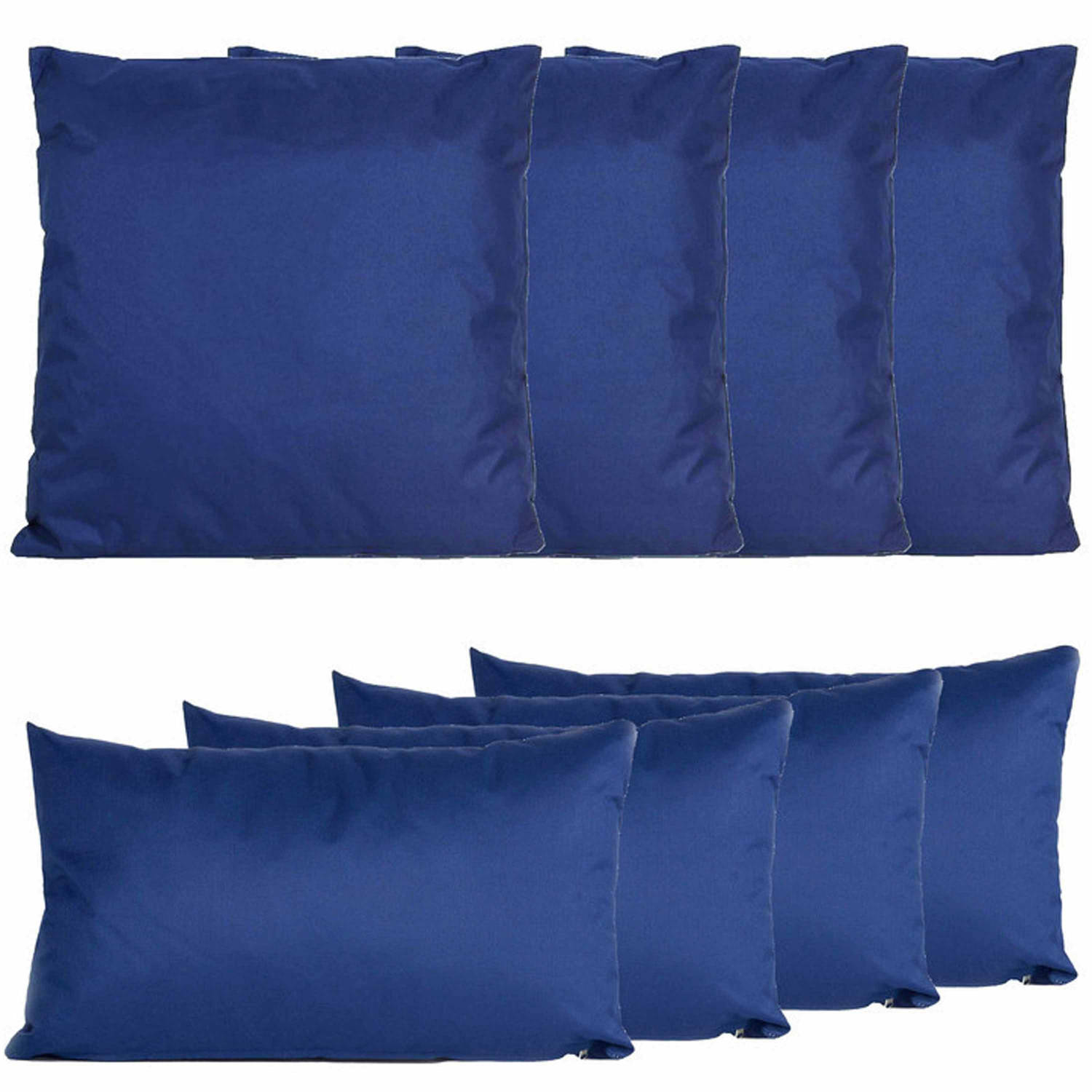 Bank-tuin kussens set binnen-buiten 8x stuks donkerblauw In 2 formaten laag-hoog Sierkussens