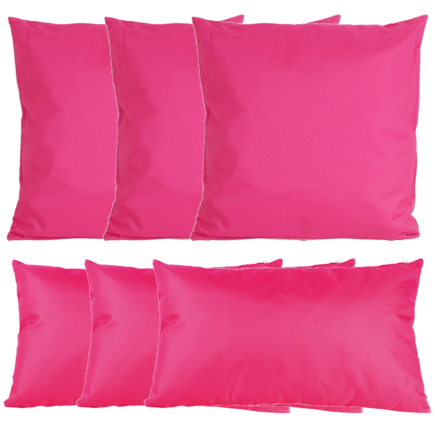 Bank-tuin kussens set binnen-buiten 6x stuks fuchsia roze In 2 formaten laag-hoog Sierkussens
