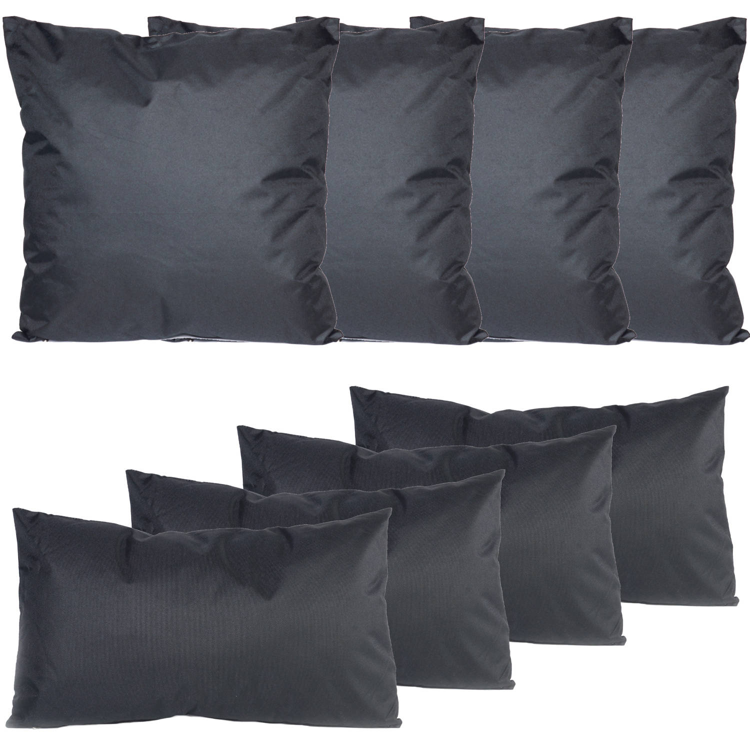 Bank-tuin kussens set binnen-buiten 8x stuks zwart In 2 formaten laag-hoog Sierkussens