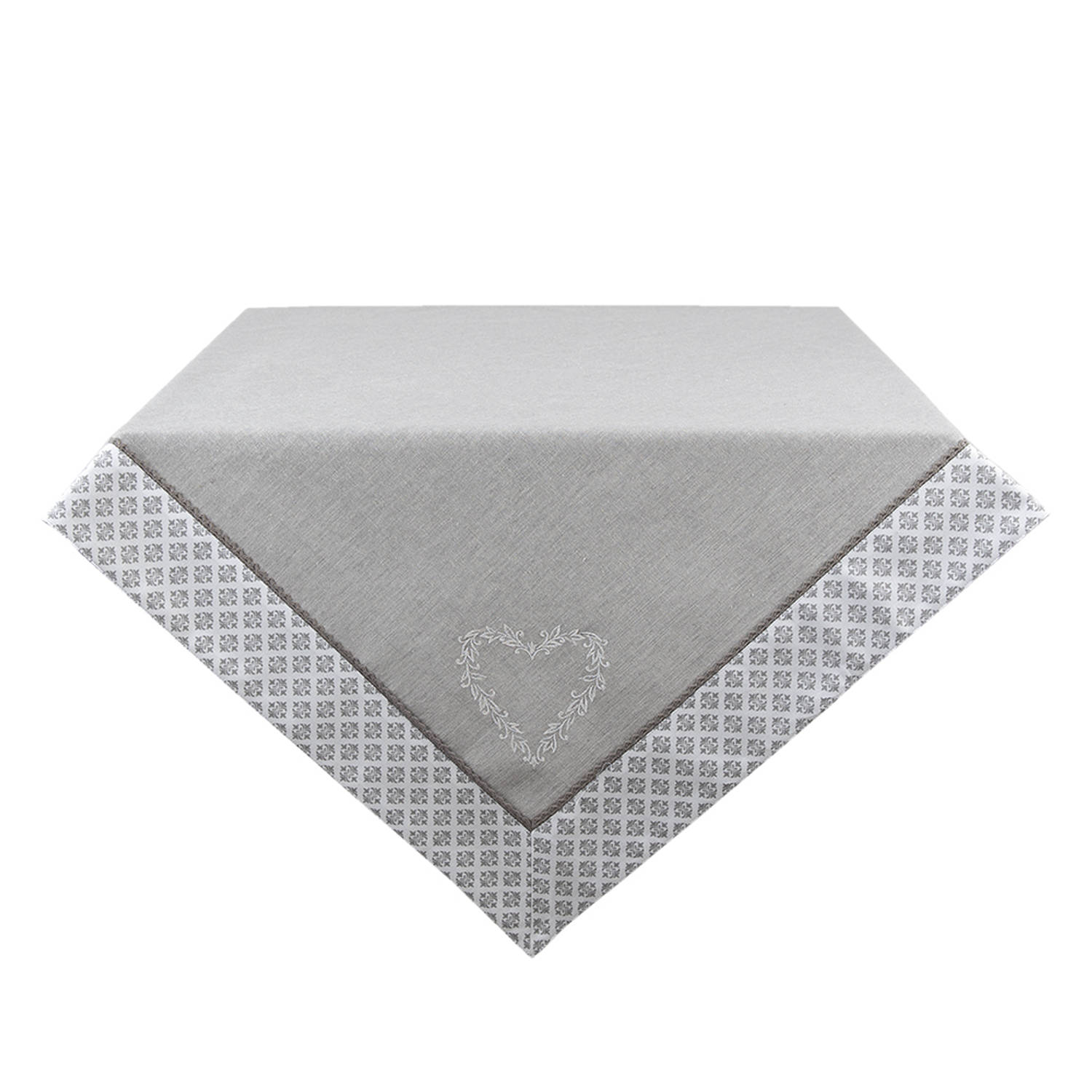 HAES DECO - Vierkant Tafellaken - formaat 100x100 cm - kleuren Grijs / Wit - van 100% Katoen - Collectie: Lovely Heart - Tafellaken, Tafellinnen, Tafeltextiel