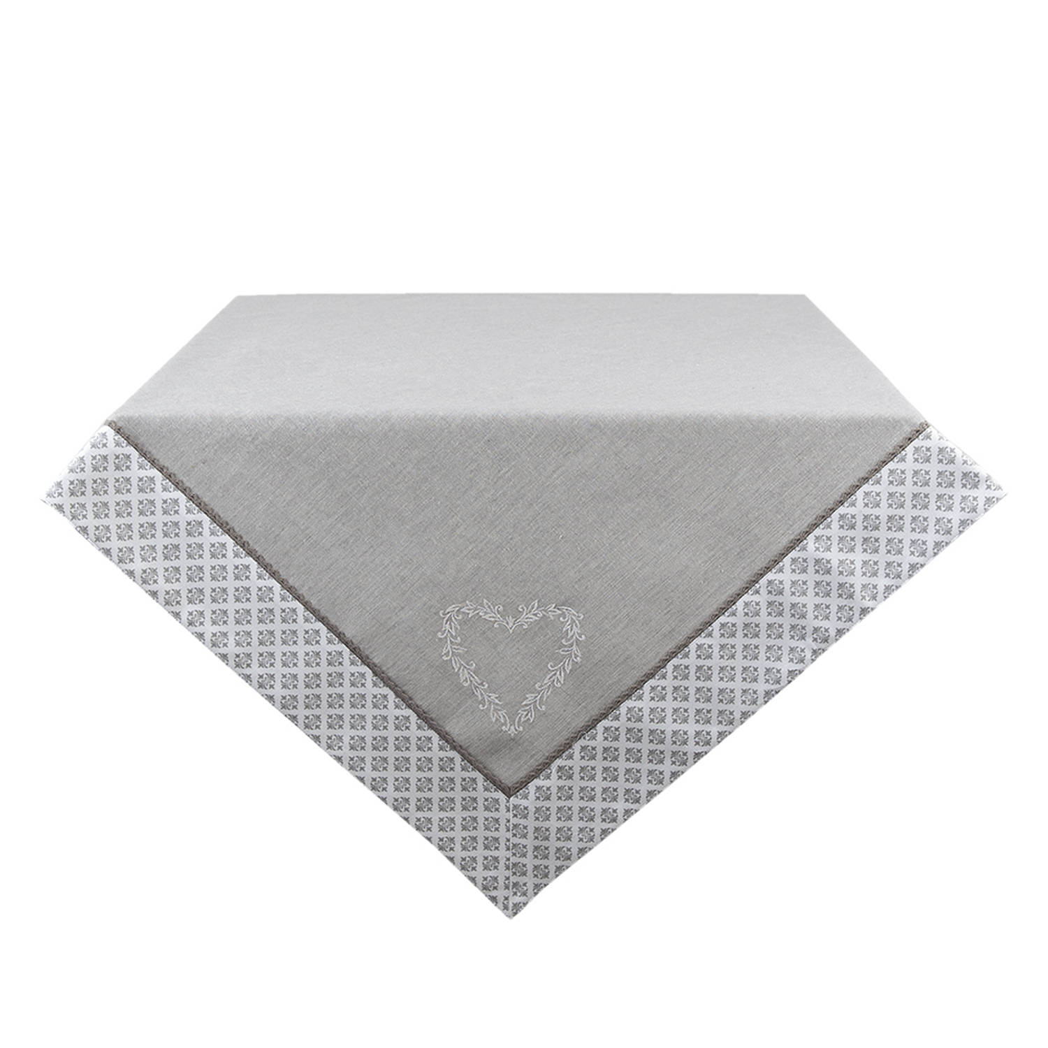 HAES DECO - Vierkant Tafellaken - formaat 150x150 cm - kleuren Grijs / Wit - van 100% Katoen - Collectie: Lovely Heart - Tafellaken, Tafellinnen, Tafeltextiel