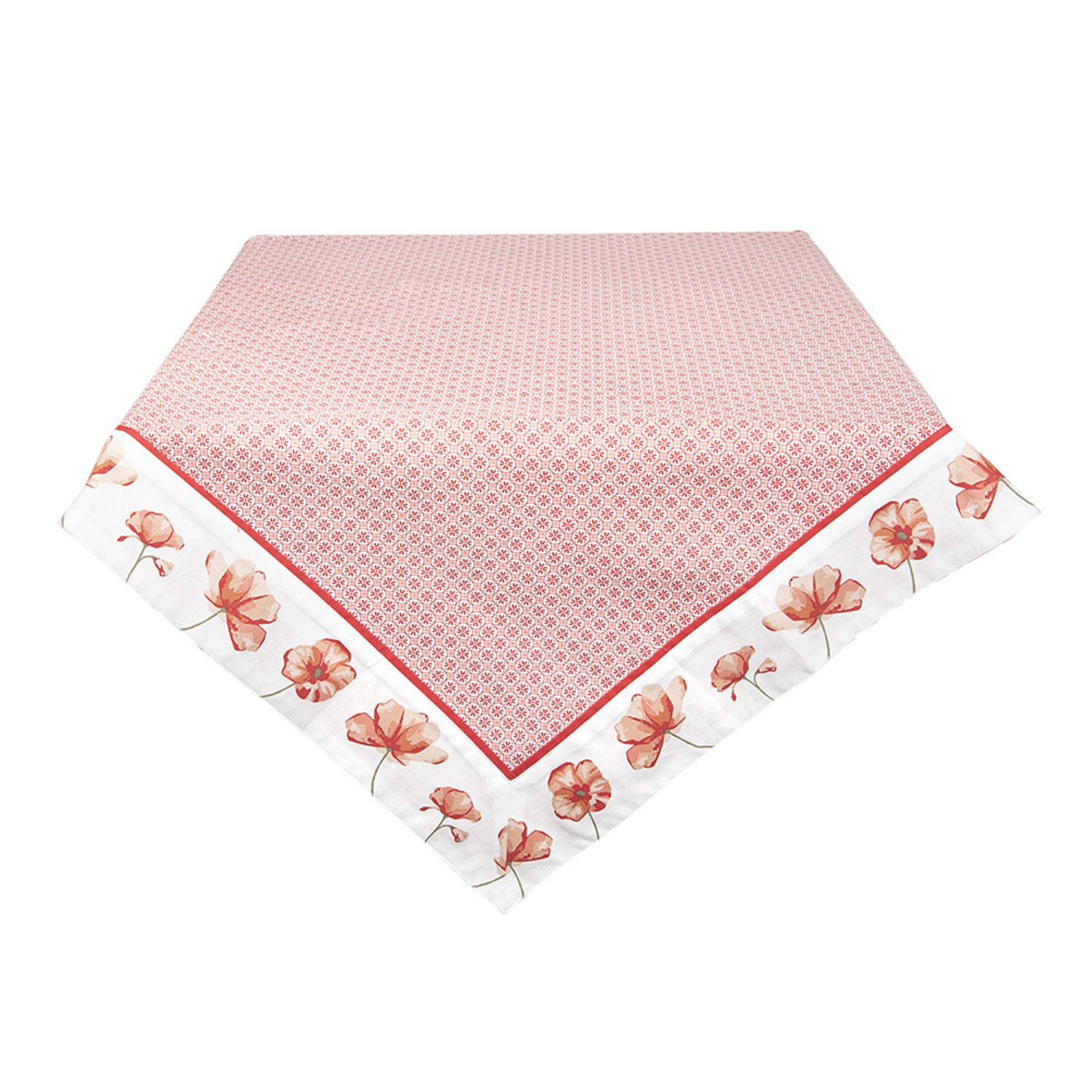 HAES DECO - Vierkant Tafellaken - formaat 100x100 cm - kleuren Rood / Wit - van Katoen - Collectie: Poppy Flower - Tafellaken, Tafellinnen, Tafeltextiel