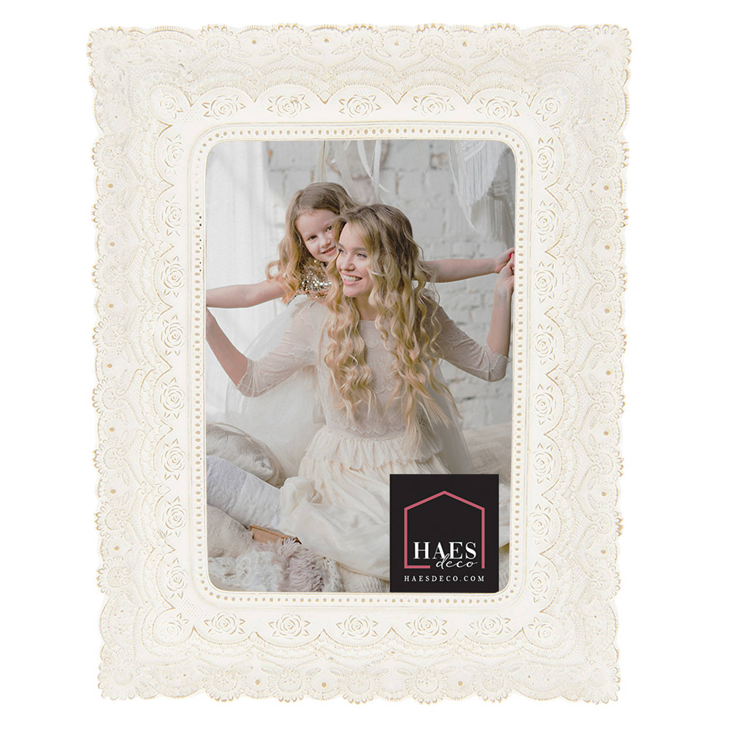 HAES DECO - Fotolijst 10x15 - Shabby Chic - kleur Wit, formaat 16x2x21 cm , voor foto 10x15 cm