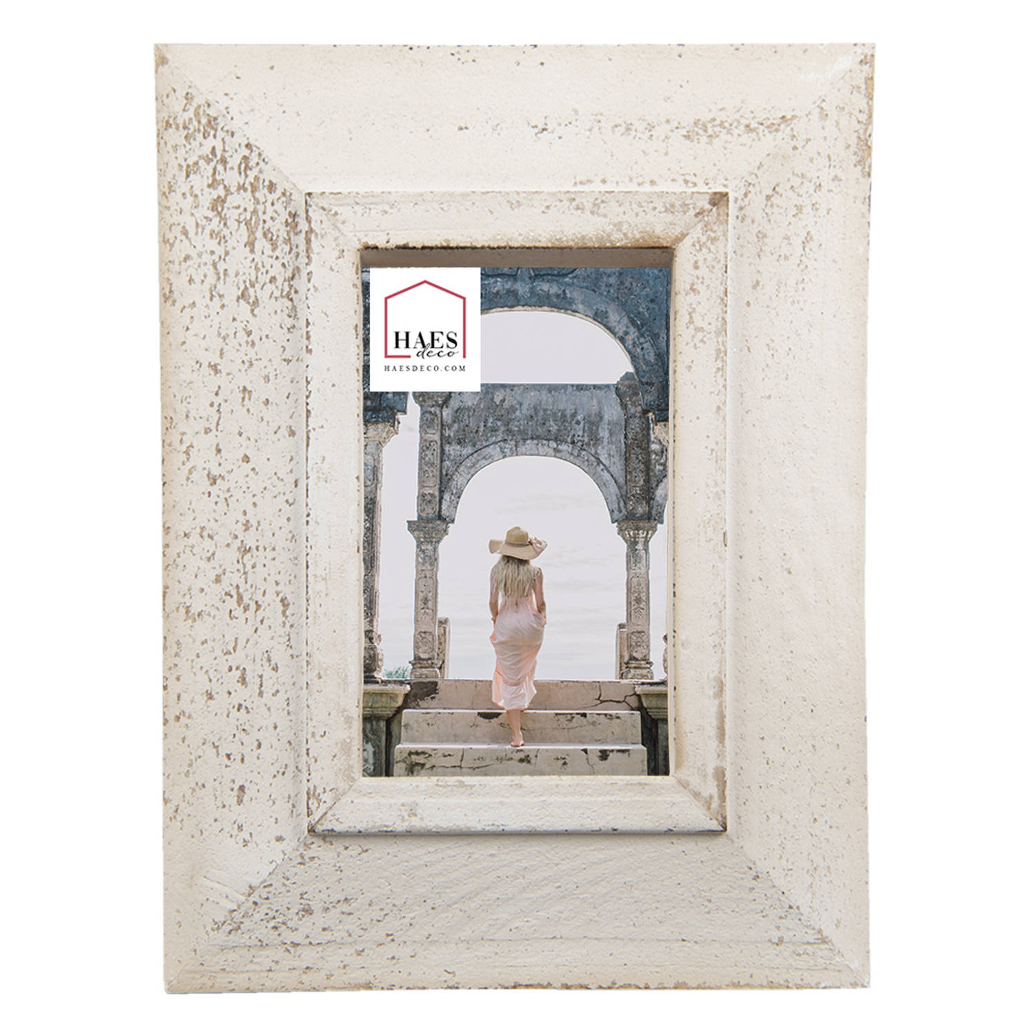 HAES DECO - Fotolijst 10x15 - Shabby Chic - kleur Wit, formaat 21x2x26 cm , voor foto 10x15 cm